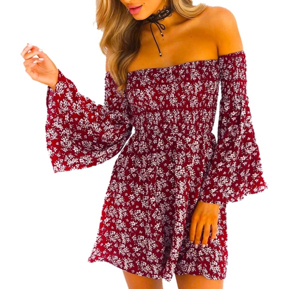 Red Boho Floral Off The Shoulder Dress - Picture 1 of 6